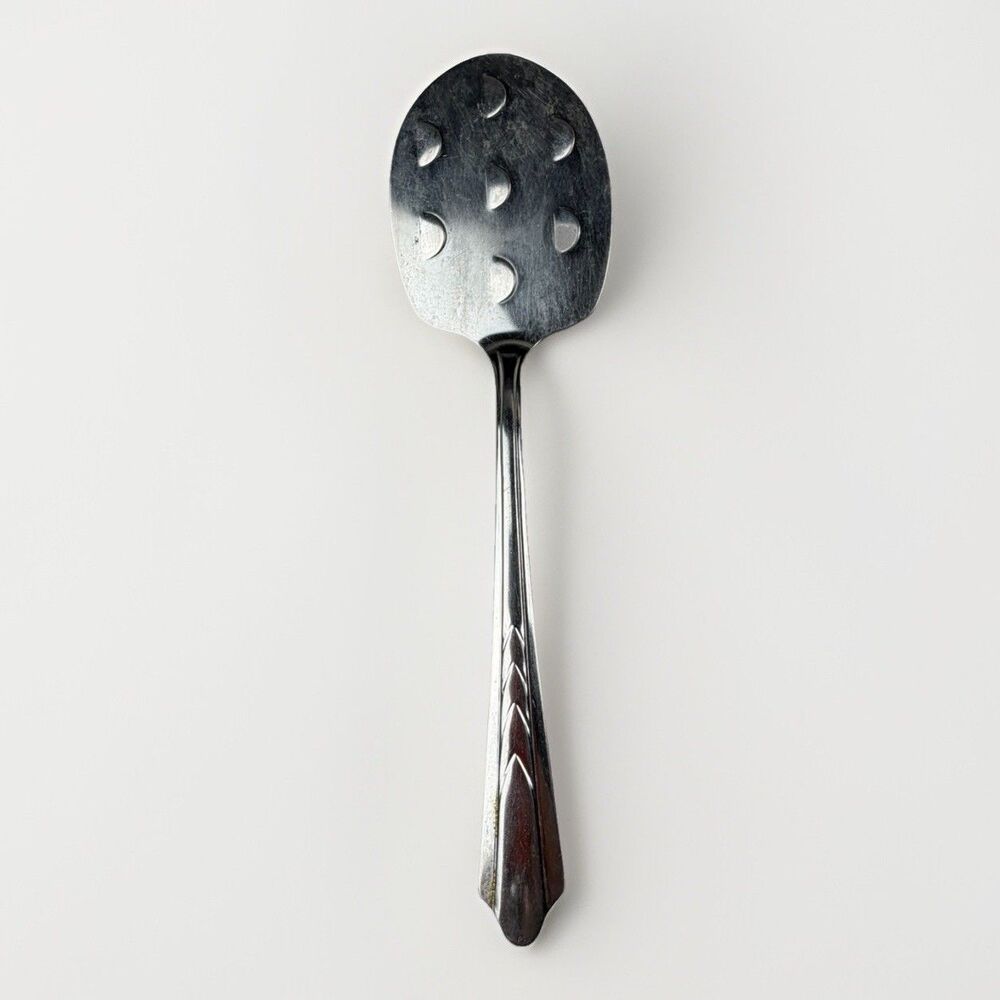 Vintage Ekco Silver Tomato Serving Spoon 9” Slotted Midcentury‎ Geometric